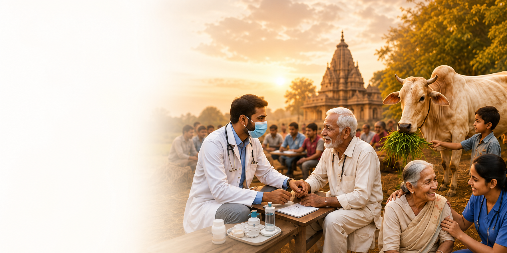 Doctor, elderly care, cow seva and temple scene